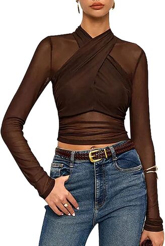Long Sleeve Mesh Crop Tops for Women Criss Cross See Through Black Sheer Ruched Blouse Sexy Slim Fit Tee Shirt in Saudi Arabia