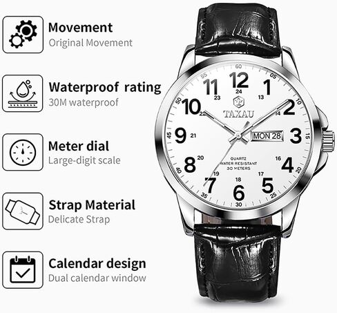 Taxau Men's Dress Watches Waterproof Analog Leather Watch with Day Date Large Arabic Numerals Casual Classic Fashion Wrist Watch Brown/Black Band Easy Read Relojes para Hombres in Saudi Arabia