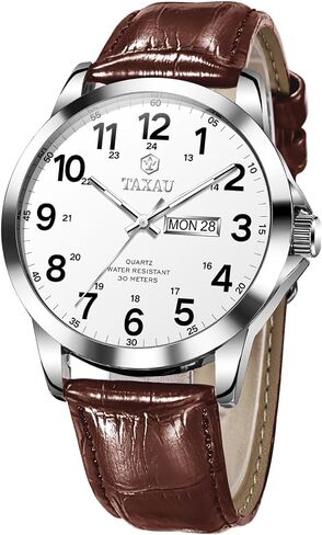 Taxau Men's Dress Watches Waterproof Analog Leather Watch with Day Date Large Arabic Numerals Casual Classic Fashion Wrist Watch Brown/Black Band Easy Read Relojes para Hombres in Saudi Arabia
