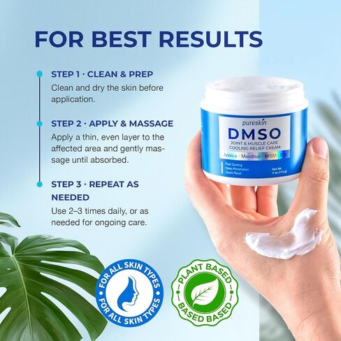 PURESKIN DMSO Cream: Pharmaceutical Grade DMSO Cream for Skin, Joints & Muscles - Daily Cooling and Comforting - Fast-Absorbing Formula with Arnica, Menthol, MSM & Magnesium, Non-Greasy, 4 oz in Kuwait