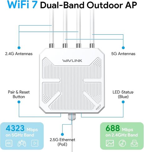 WAVLINK WiFi 7 BE5100 Outdoor WiFi Extender, Dual Band Long-Range Outdoor WiFi Repeater|Access Point|Mesh Router, POE Powered | IP67 Waterproof | 4 x 8dBi Antennas, 2.5 Gbps Ethernet, Up to 2800 sq.ft in Kuwait