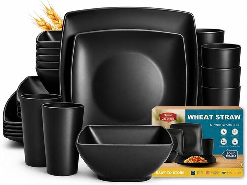Teivio 24-piece Plastic Wheat Straw Square Dinnerware Set for 6, Unbreakable Dinner Plates, Salad Plates, Snack Bowls, Tumblers 20 oz, Dishwasher Safe, Stone in Kuwait