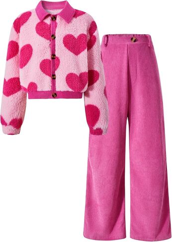 Girls' Winter 2-Piece Set Heart Print Button Front Fleece Fuzzy Coat and Casual Corduroy Wide Leg Pants in Kuwait