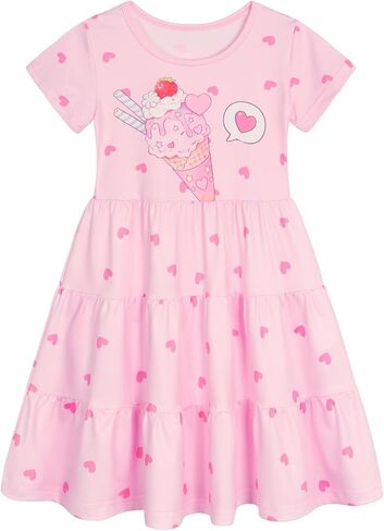 Girls Dresses Summer Skater Twirly Dress Toddler Kids Short Sleeves Tiered Casual Sundress for School 3-12 Years in Saudi Arabia