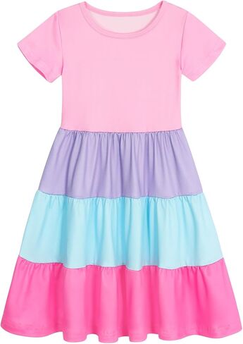 Girls Dresses Summer Skater Twirly Dress Toddler Kids Short Sleeves Tiered Casual Sundress for School 3-12 Years in Kuwait