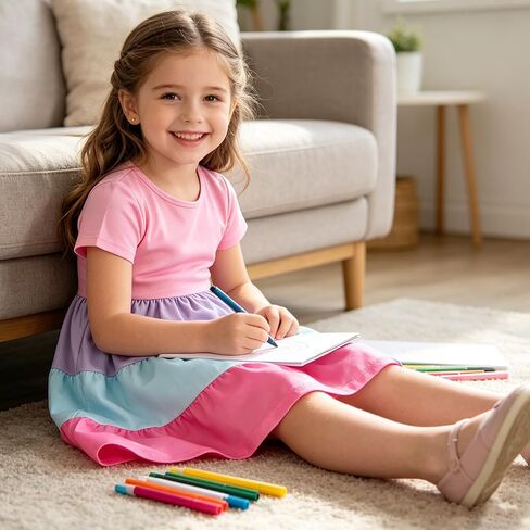 Girls Dresses Summer Skater Twirly Dress Toddler Kids Short Sleeves Tiered Casual Sundress for School 3-12 Years in Kuwait