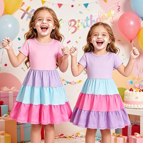 Girls Dresses Summer Skater Twirly Dress Toddler Kids Short Sleeves Tiered Casual Sundress for School 3-12 Years in Kuwait