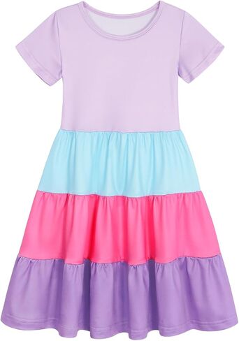Girls Dresses Summer Skater Twirly Dress Toddler Kids Short Sleeves Tiered Casual Sundress for School 3-12 Years in Kuwait