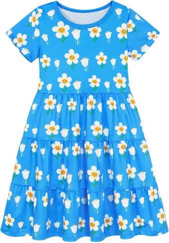 Girls Dresses Summer Skater Twirly Dress Toddler Kids Short Sleeves Tiered Casual Sundress for School 3-12 Years in Kuwait