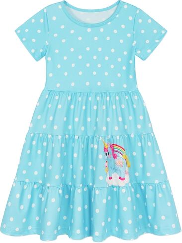 Girls Dresses Summer Skater Twirly Dress Toddler Kids Short Sleeves Tiered Casual Sundress for School 3-12 Years in Kuwait