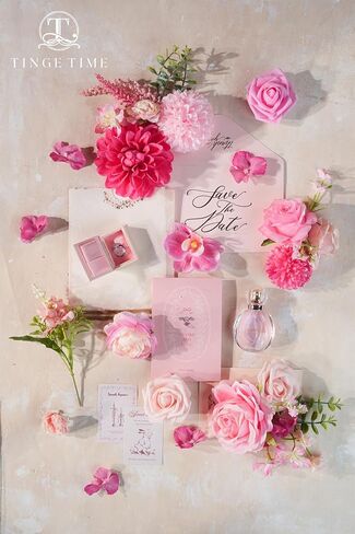 TINGE TIME Rose Artificial Flowers Combo, Hot Pink Fake Foam Dahlia with Stems for DIY Wedding Bouquets Baby Shower Party Table Centerpieces Home Decorations in Saudi Arabia