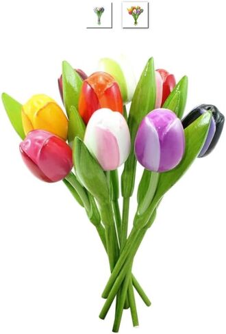 Wooden Tulips from Holland; Mixed Bouquet of 9; Small 7.8 Inch Stems for Vase Decorations Wood Tulips Table Centerpieces for Mother's Day Easter Gifts Crafts Decorations Home Tabletop, Multicolor in Kuwait