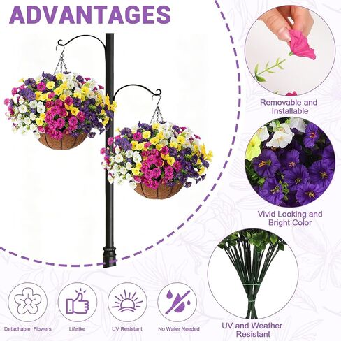 2 Set Artificial Hanging Flowers Faux Plants Basket, Fake Silk Petunias Plants Arrangement for Outdoors Spring Summer Decor -2 Hanging Planters with 24 Pcs Flowers in Saudi Arabia