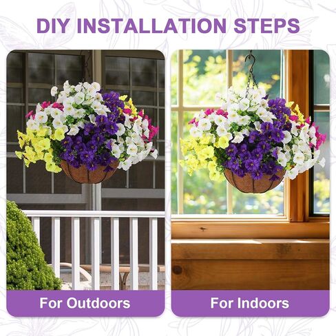 2 Set Artificial Hanging Flowers Faux Plants Basket, Fake Silk Petunias Plants Arrangement for Outdoors Spring Summer Decor -2 Hanging Planters with 24 Pcs Flowers in Saudi Arabia