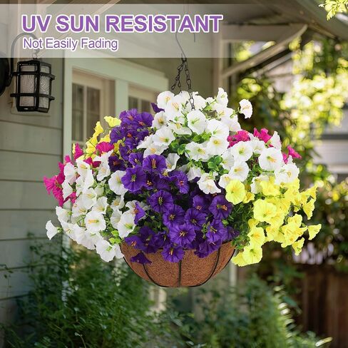 2 Set Artificial Hanging Flowers Faux Plants Basket, Fake Silk Petunias Plants Arrangement for Outdoors Spring Summer Decor -2 Hanging Planters with 24 Pcs Flowers in Saudi Arabia