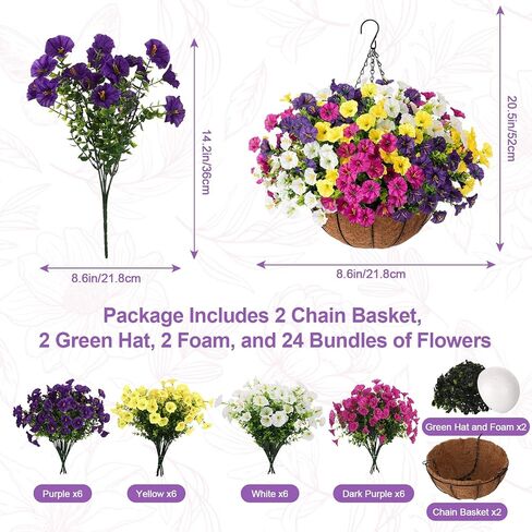 2 Set Artificial Hanging Flowers Faux Plants Basket, Fake Silk Petunias Plants Arrangement for Outdoors Spring Summer Decor -2 Hanging Planters with 24 Pcs Flowers in Saudi Arabia