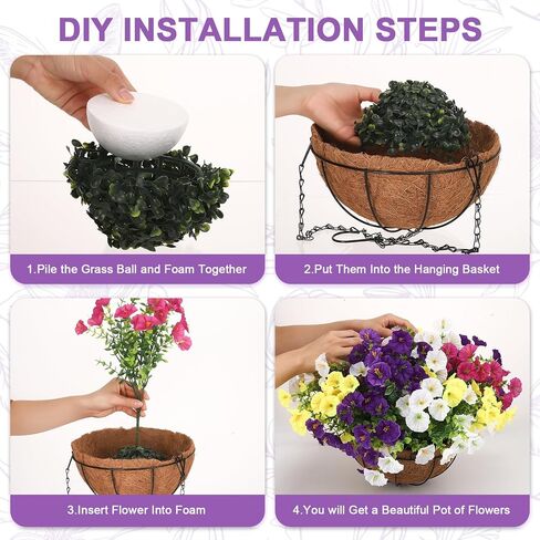 2 Set Artificial Hanging Flowers Faux Plants Basket, Fake Silk Petunias Plants Arrangement for Outdoors Spring Summer Decor -2 Hanging Planters with 24 Pcs Flowers in Saudi Arabia