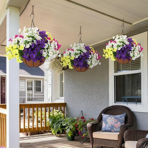 2 Set Artificial Hanging Flowers Faux Plants Basket, Fake Silk Petunias Plants Arrangement for Outdoors Spring Summer Decor -2 Hanging Planters with 24 Pcs Flowers in Saudi Arabia
