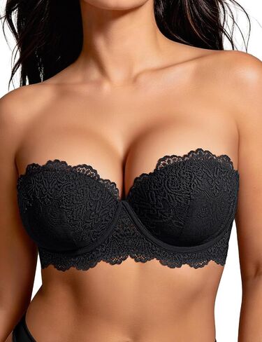 Strapless Push Up Bra Heavily Padded Add 2 Cup with Clear Straps Multiway Sexy Lace Balconette Black - 38C in Saudi Arabia