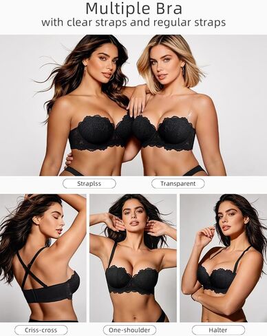 Strapless Push Up Bra Heavily Padded Add 2 Cup with Clear Straps Multiway Sexy Lace Balconette Black - 38C in Saudi Arabia