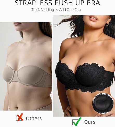 Strapless Push Up Bra Heavily Padded Add 2 Cup with Clear Straps Multiway Sexy Lace Balconette Black - 38C in Saudi Arabia