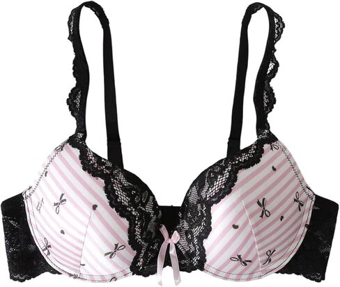WDIRARA Women's Striped Lace Push Up Bra Heart Bow Print Everyday Underwire Bras in Kuwait