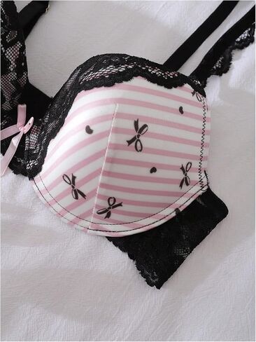 WDIRARA Women's Striped Lace Push Up Bra Heart Bow Print Everyday Underwire Bras in Kuwait