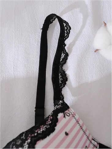 WDIRARA Women's Striped Lace Push Up Bra Heart Bow Print Everyday Underwire Bras in Kuwait