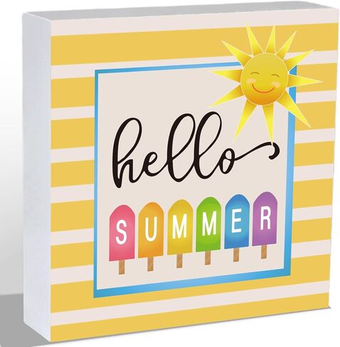 Summer Decor Summer Decorations for Home Indoor Hello Sunshine Popsicle Table Decor Home Room Office Bathroom Wood Box Sign Rustic Wooden Shelf Desk Decor Season Sign House Warming Gifts 5.9 x 5.9 Inch in Kuwait
