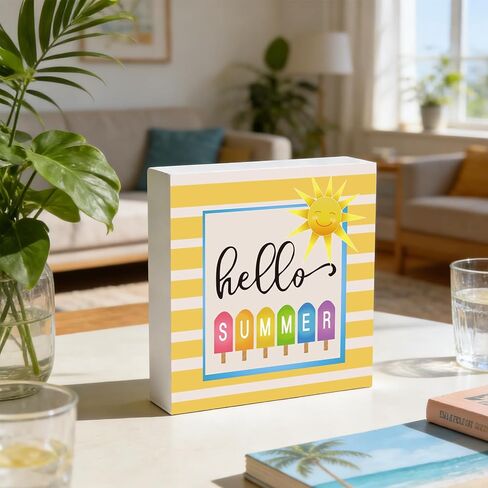 Summer Decor Summer Decorations for Home Indoor Hello Sunshine Popsicle Table Decor Home Room Office Bathroom Wood Box Sign Rustic Wooden Shelf Desk Decor Season Sign House Warming Gifts 5.9 x 5.9 Inch in Kuwait