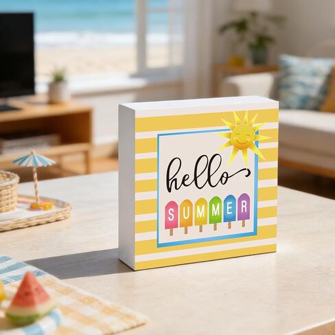 Summer Decor Summer Decorations for Home Indoor Hello Sunshine Popsicle Table Decor Home Room Office Bathroom Wood Box Sign Rustic Wooden Shelf Desk Decor Season Sign House Warming Gifts 5.9 x 5.9 Inch in Kuwait