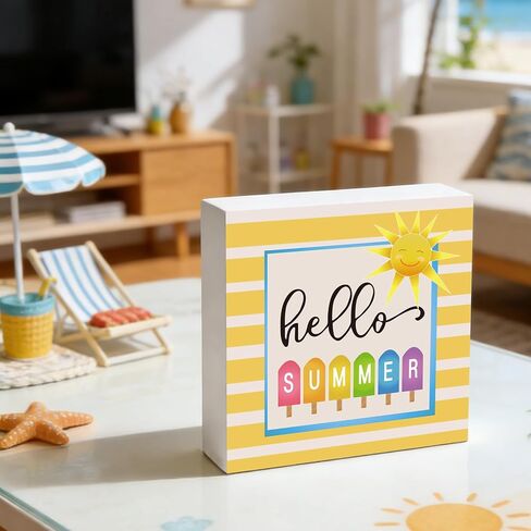Summer Decor Summer Decorations for Home Indoor Hello Sunshine Popsicle Table Decor Home Room Office Bathroom Wood Box Sign Rustic Wooden Shelf Desk Decor Season Sign House Warming Gifts 5.9 x 5.9 Inch in Kuwait