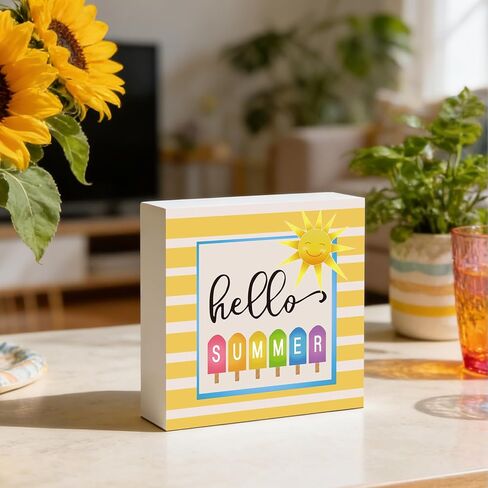 Summer Decor Summer Decorations for Home Indoor Hello Sunshine Popsicle Table Decor Home Room Office Bathroom Wood Box Sign Rustic Wooden Shelf Desk Decor Season Sign House Warming Gifts 5.9 x 5.9 Inch in Kuwait