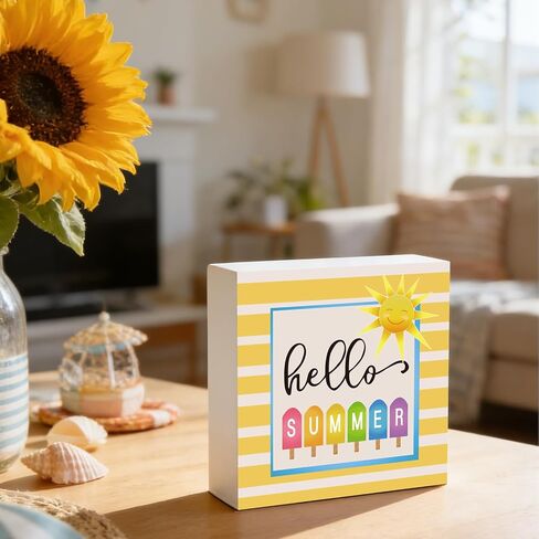 Summer Decor Summer Decorations for Home Indoor Hello Sunshine Popsicle Table Decor Home Room Office Bathroom Wood Box Sign Rustic Wooden Shelf Desk Decor Season Sign House Warming Gifts 5.9 x 5.9 Inch in Kuwait