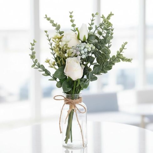 Artificial White Rose Flowers with Glass Vase, Faux Eucalyptus Stems and Berry Bouquet, Silk Floral Arrangement for Home Table Decor, Farmhouse Wedding Centerpieces, Office Shelf Decorations in Saudi Arabia