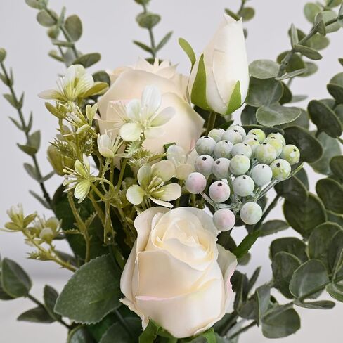 Artificial White Rose Flowers with Glass Vase, Faux Eucalyptus Stems and Berry Bouquet, Silk Floral Arrangement for Home Table Decor, Farmhouse Wedding Centerpieces, Office Shelf Decorations in Saudi Arabia