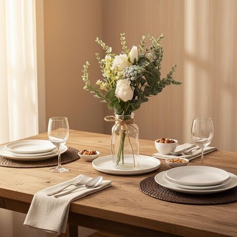 Artificial White Rose Flowers with Glass Vase, Faux Eucalyptus Stems and Berry Bouquet, Silk Floral Arrangement for Home Table Decor, Farmhouse Wedding Centerpieces, Office Shelf Decorations in Saudi Arabia
