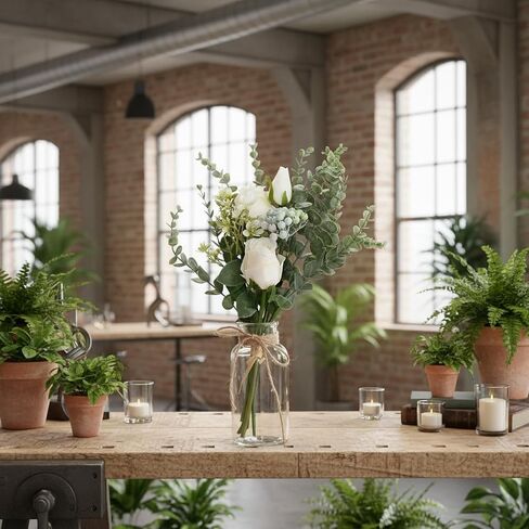 Artificial White Rose Flowers with Glass Vase, Faux Eucalyptus Stems and Berry Bouquet, Silk Floral Arrangement for Home Table Decor, Farmhouse Wedding Centerpieces, Office Shelf Decorations in Saudi Arabia