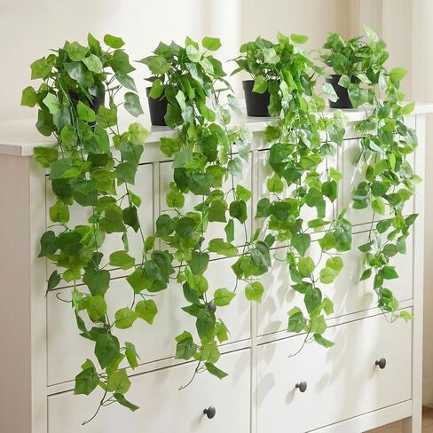 35'' Fake Pothos Hanging Plants, Set of 4 Faux Ivy Vines with Pots, Artificial Hanging Ivy Vines Plant, Fake Greenery for Home Office Living Room Indoor Wall Shelf Decor in Saudi Arabia