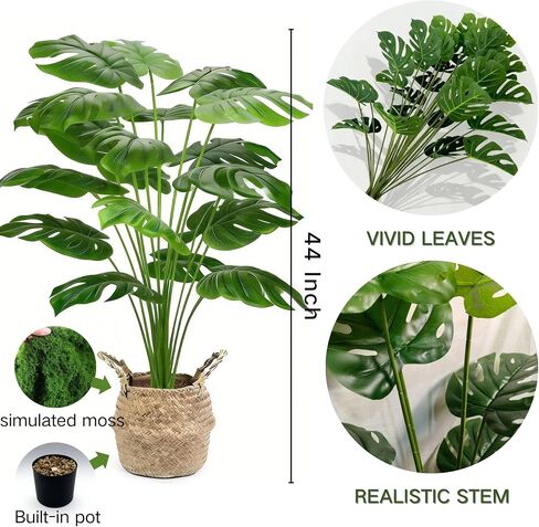 Large Artificial Monstera Plant 44 Inches, Fake Monstera in Woven Basket, Large Fake Floor Plant for Indoor, Home, Office, Living Room Decor No Maintenance in Kuwait