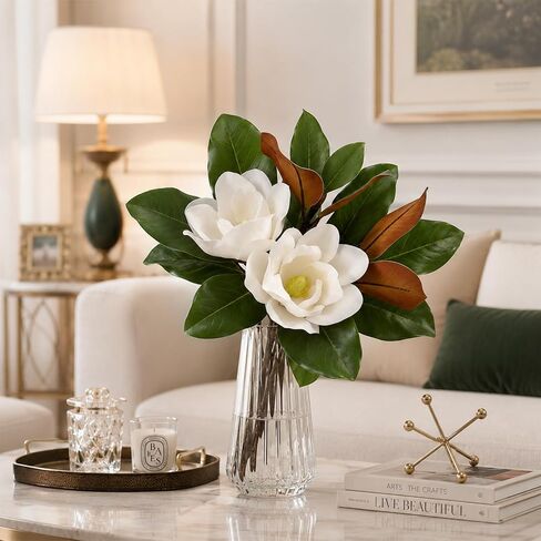 5Pcs Faux Magnolia Leaves and Flowers Set, Realistic Magnolia Stems, Flocked Faux Leaves Floral Picks Artificial Forever, for Indoor Outdoor Vase Filler in Saudi Arabia