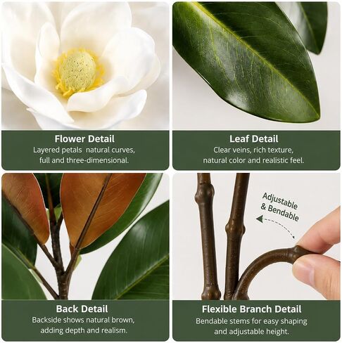 5Pcs Faux Magnolia Leaves and Flowers Set, Realistic Magnolia Stems, Flocked Faux Leaves Floral Picks Artificial Forever, for Indoor Outdoor Vase Filler in Saudi Arabia