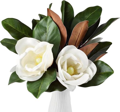 5Pcs Faux Magnolia Leaves and Flowers Set, Realistic Magnolia Stems, Flocked Faux Leaves Floral Picks Artificial Forever, for Indoor Outdoor Vase Filler in Saudi Arabia