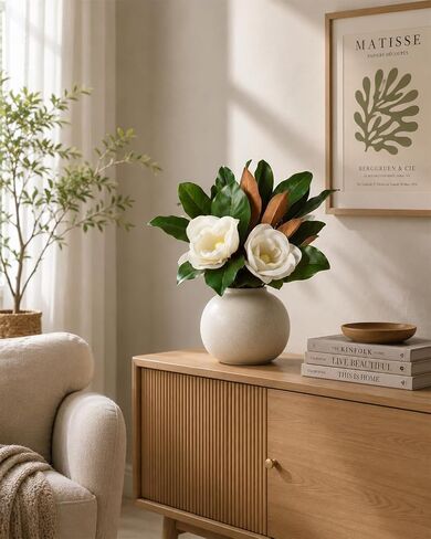 5Pcs Faux Magnolia Leaves and Flowers Set, Realistic Magnolia Stems, Flocked Faux Leaves Floral Picks Artificial Forever, for Indoor Outdoor Vase Filler in Saudi Arabia