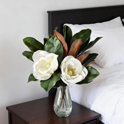 5Pcs Faux Magnolia Leaves and Flowers Set, Realistic Magnolia Stems, Flocked Faux Leaves Floral Picks Artificial Forever, for Indoor Outdoor Vase Filler in Saudi Arabia