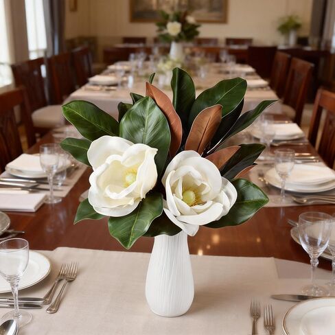 5Pcs Faux Magnolia Leaves and Flowers Set, Realistic Magnolia Stems, Flocked Faux Leaves Floral Picks Artificial Forever, for Indoor Outdoor Vase Filler in Saudi Arabia