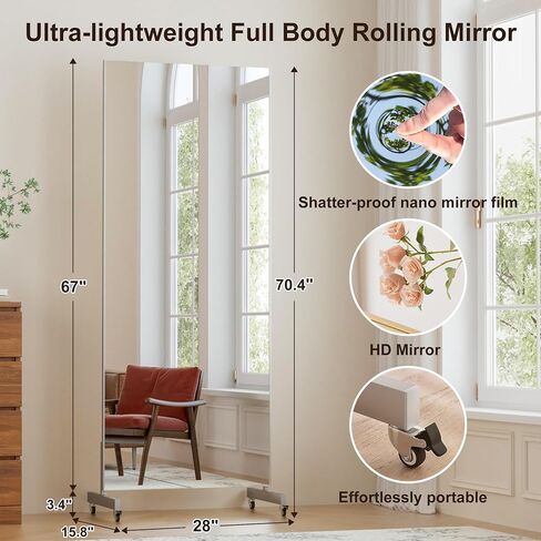 brisafe 67"x28" Ultra-Light Mobile Floor Mirror with 360° Wheels, 0.04mm Shatterproof Nano Film for Home Gym/Yoga/Dance Studio & Commercial Use | 60% Insurance Savings | Silver in Saudi Arabia