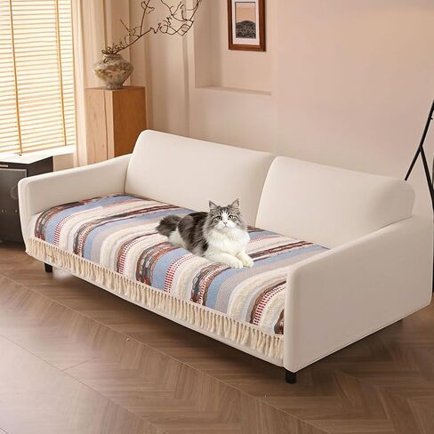 VClife Dog Boho Couch Cover, Washable Furniture Protector, 35.4 x 63 in | Tufted Tassel Sofa Cover, Non Slip Woven Geometric Sofa Slipcover, Multi-Size Universal Throw Cover For Couch, Pet Friendly in Saudi Arabia