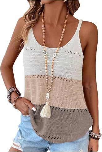 SOLY HUX Women's Color Block Crochet Camisole Tops Spaghetti Strap Scoop Neck Hollow Out Knit Beach Vacation Top in Kuwait