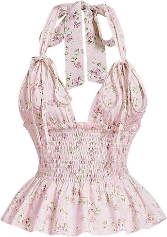 OYOANGLE Women's Boho Floral Print Tie Backless Halter Cami Tops Sleeveless Shirred Ruffle Peplum Top in Kuwait